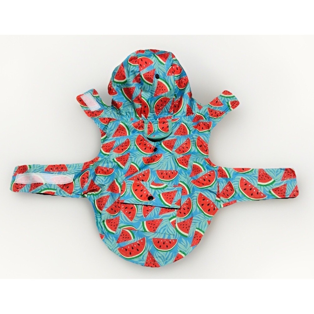 Watermelon Print Dog Raincoat Hooded Blue‎ Tropical Fruit Pet Jacket Small